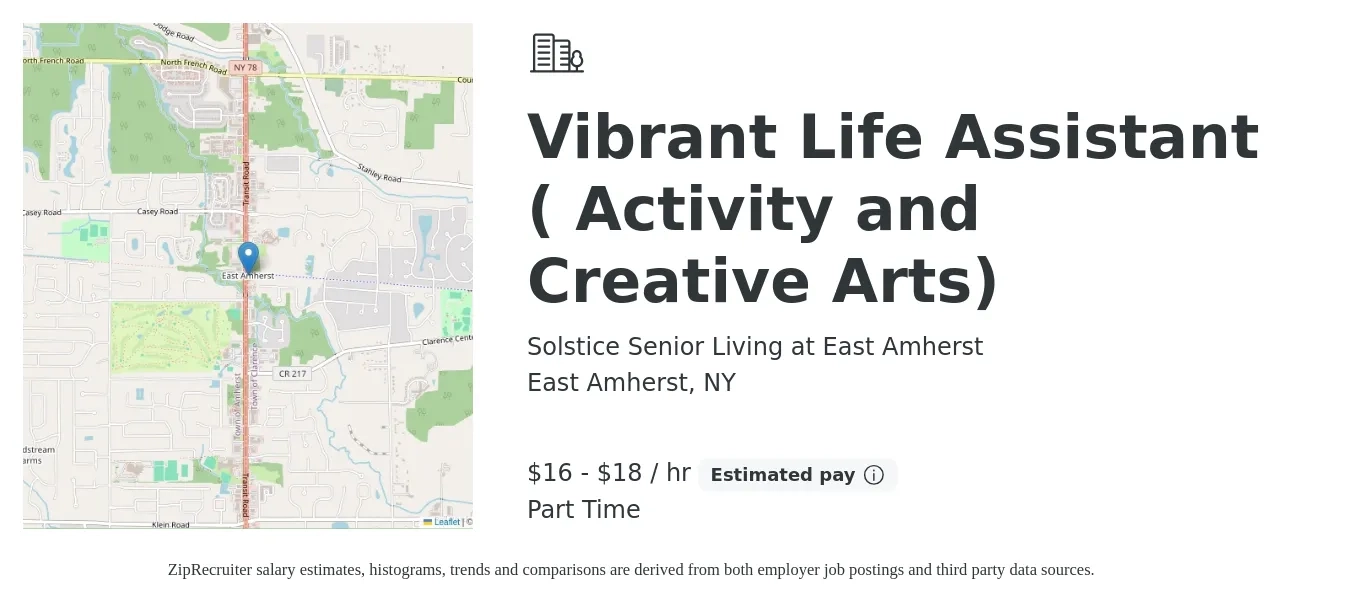 Solstice Senior Living at East Amherst job posting for a Vibrant Life Assistant ( Activity and Creative Arts) in East Amherst, NY with a salary of $17 to $19 Hourly with a map of East Amherst location.