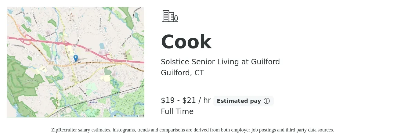 Solstice Senior Living at Guilford job posting for a Cook in Guilford, CT with a salary of $20 to $22 Hourly with a map of Guilford location.