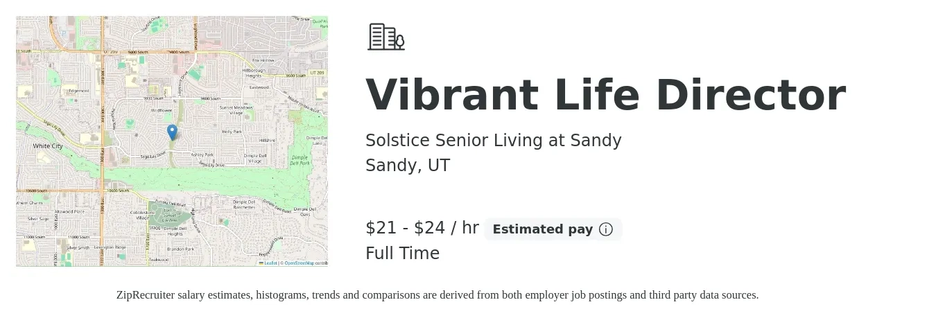 Solstice Senior Living at Sandy job posting for a Vibrant Life Director in Sandy, UT with a salary of $22 to $25 Hourly with a map of Sandy location.