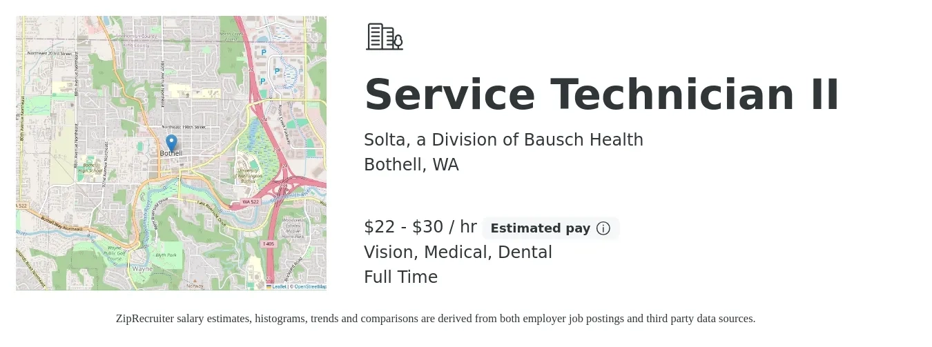 Solta, a Division of Bausch Health job posting for a Service Technician II in Bothell, WA with a salary of $23 to $32 Hourly and benefits including life_insurance, medical, pto, retirement, vision, and dental with a map of Bothell location.
