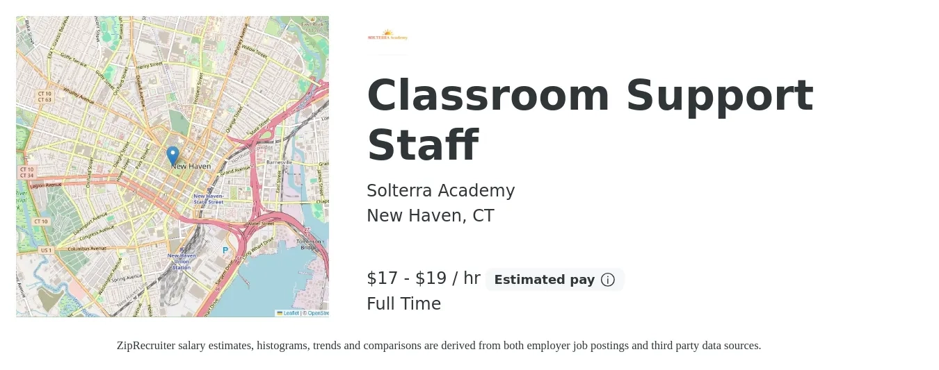 Solterra Academy job posting for a Classroom Support Staff in New Haven, CT with a salary of $16 to $20 Hourly with a map of New Haven location.