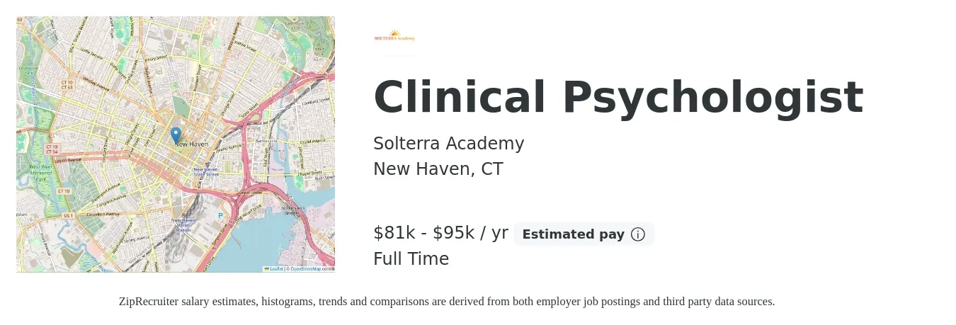 Solterra Academy job posting for a Clinical Psychologist in New Haven, CT with a salary of $81,000 to $95,000 Yearly with a map of New Haven location.
