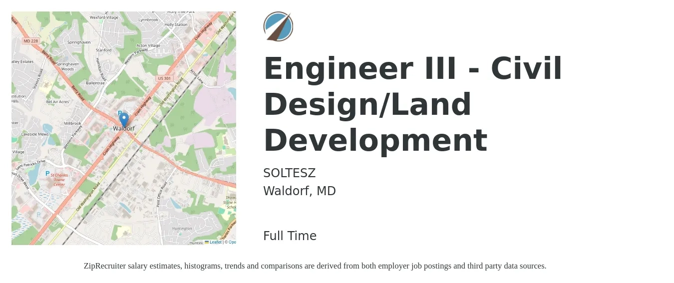 SOLTESZ job posting for a Engineer III - Civil Design/Land Development in Waldorf, MD with a salary of $64,300 to $93,900 Yearly with a map of Waldorf location.