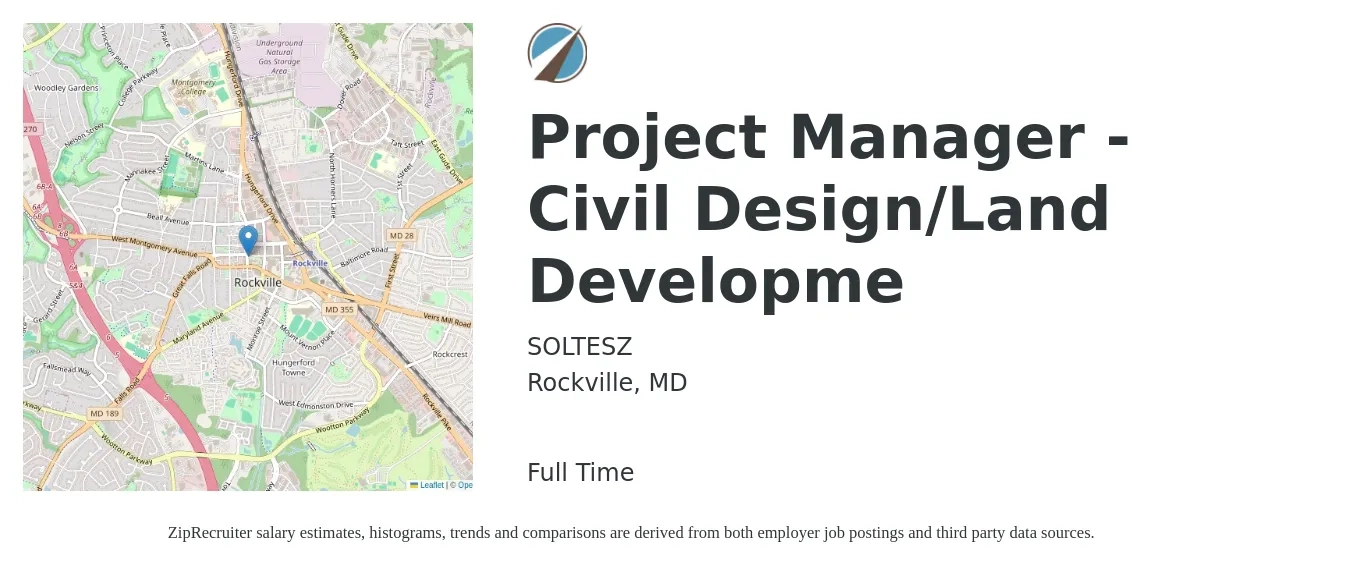 SOLTESZ job posting for a Project Manager - Civil Design/Land Developme in Rockville, MD with a salary of $80,000 to $125,400 Yearly with a map of Rockville location.
