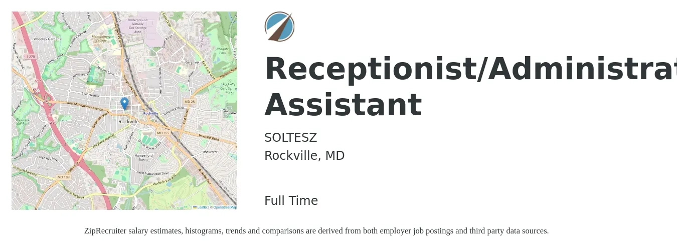 SOLTESZ job posting for a Receptionist/Administrative Assistant in Rockville, MD with a salary of $17 to $21 Hourly with a map of Rockville location.