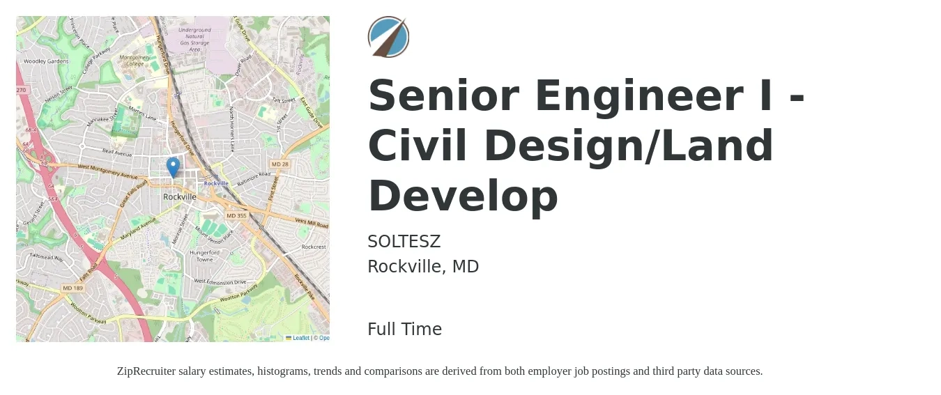 SOLTESZ job posting for a Senior Engineer I - Civil Design/Land Develop in Rockville, MD with a salary of $106,500 to $146,300 Yearly with a map of Rockville location.