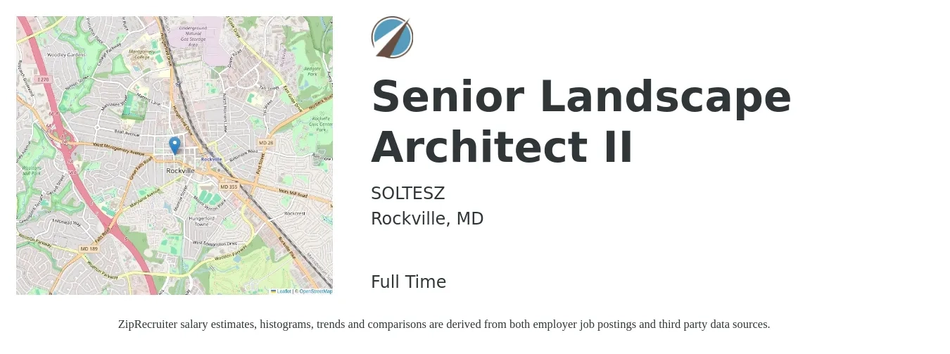 SOLTESZ job posting for a Senior Landscape Architect II in Rockville, MD with a salary of $91,700 to $122,300 Yearly with a map of Rockville location.