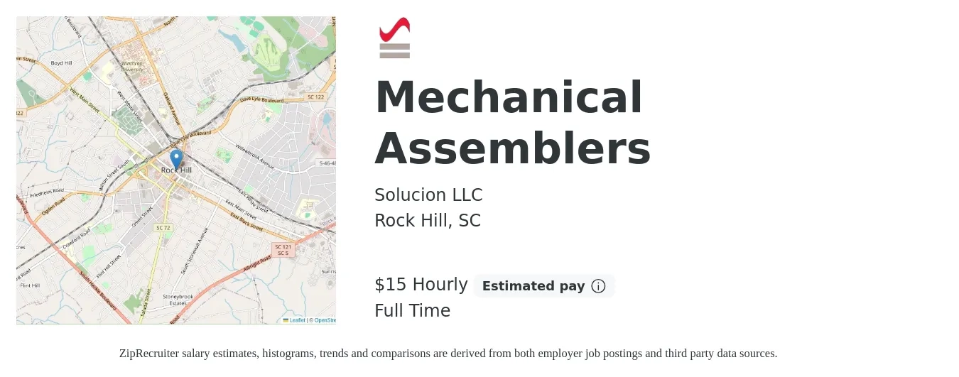 Solucion LLC job posting for a Mechanical Assemblers in Rock Hill, SC with a salary of $16 Hourly with a map of Rock Hill location.