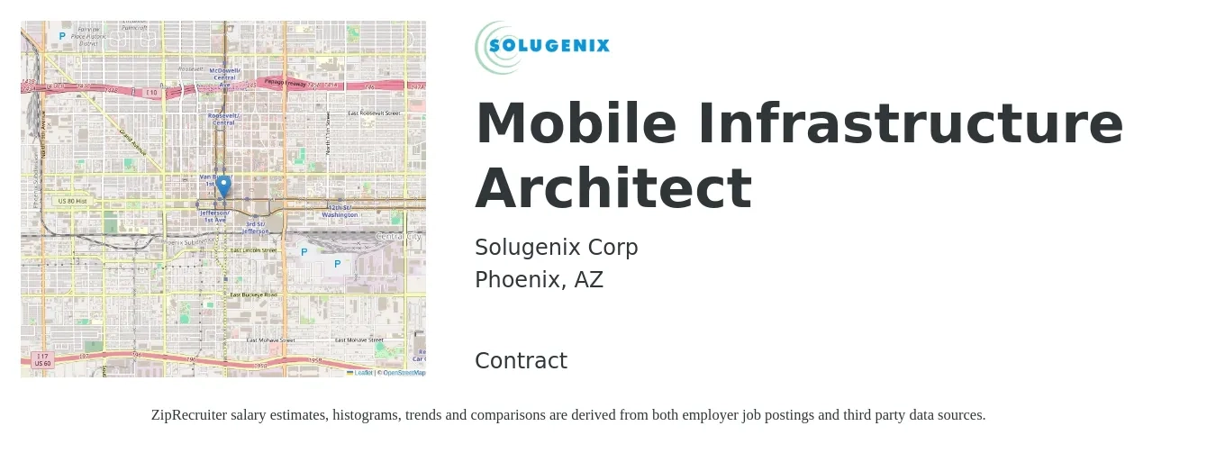 Solugenix job posting for a Mobile Infrastructure Architect in Phoenix, AZ with a salary of $66 to $84 Hourly and benefits including dental, and medical with a map of Phoenix location.
