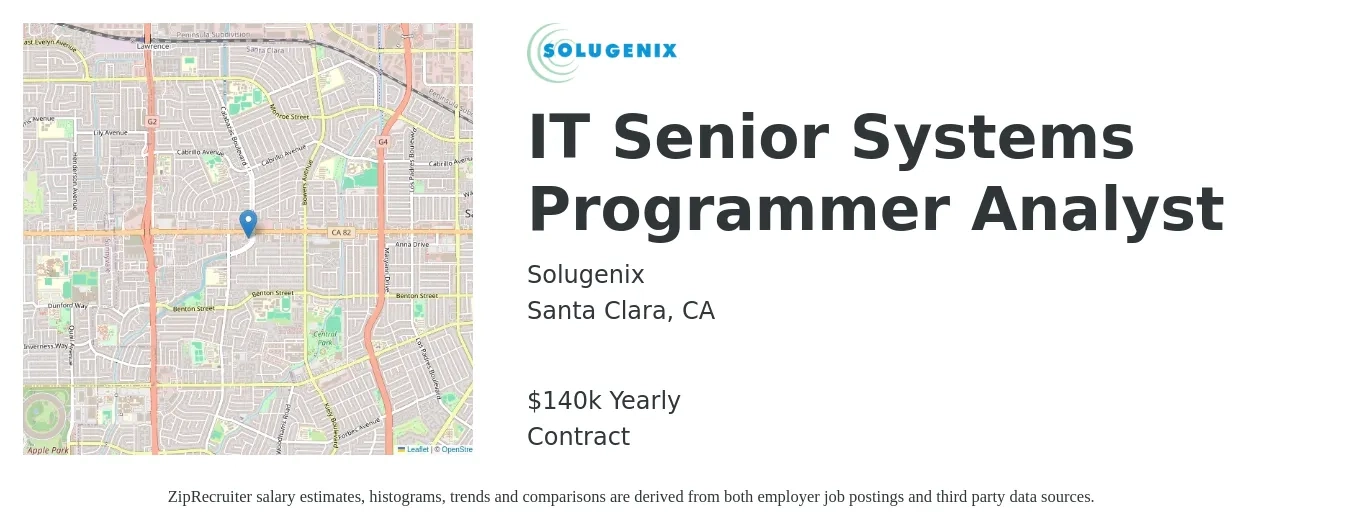 Solugenix Corp job posting for a IT Senior Systems Programmer Analyst in Santa Clara, CA with a salary of $140,000 Yearly with a map of Santa Clara location.