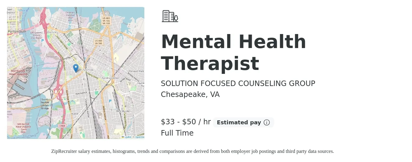 SOLUTION FOCUSED COUNSELING GROUP job posting for a Mental Health Therapist in Chesapeake, VA with a salary of $35 to $52 Hourly with a map of Chesapeake location.