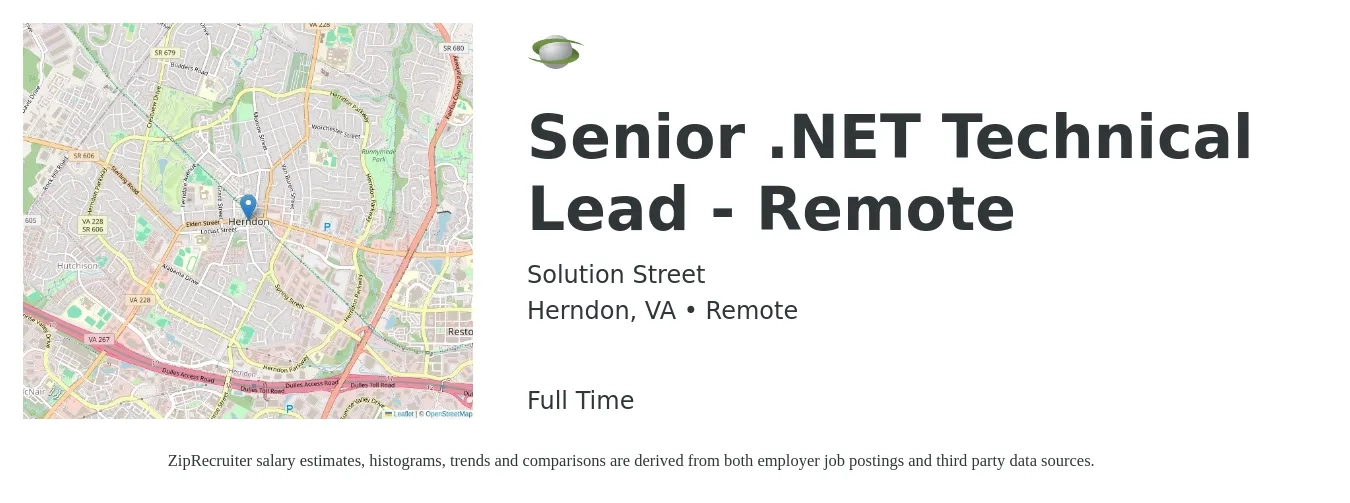 Solution Street job posting for a Senior .NET Technical Lead - Remote in Herndon, VA with a salary of $29 to $64 Hourly with a map of Herndon location.