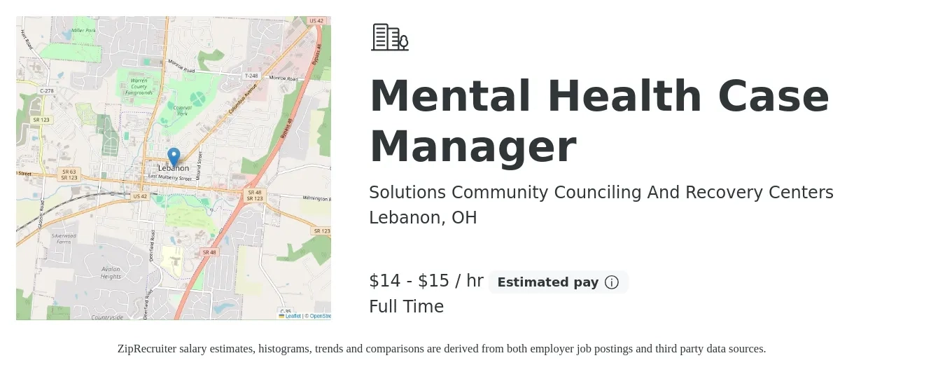 Solutions Community Counciling And Recovery Centers job posting for a Mental Health Case Manager in Lebanon, OH with a salary of $15 to $16 Hourly with a map of Lebanon location.