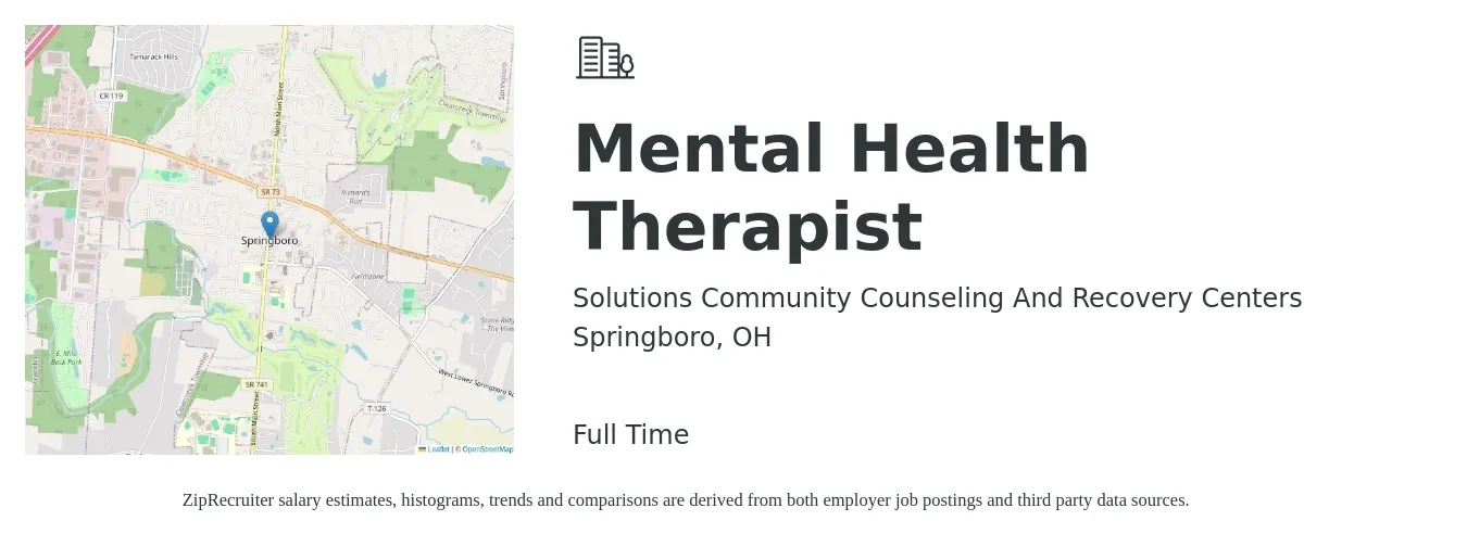 Solutions Community Counseling And Recovery Centers job posting for a Mental Health Therapist in Springboro, OH with a salary of $52,900 to $74,900 Yearly with a map of Springboro location.