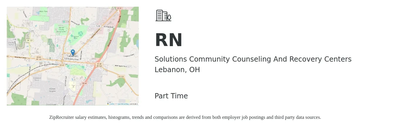 Solutions Community Counseling And Recovery Centers job posting for a RN in Lebanon, OH with a salary of $32 to $49 Hourly with a map of Lebanon location.