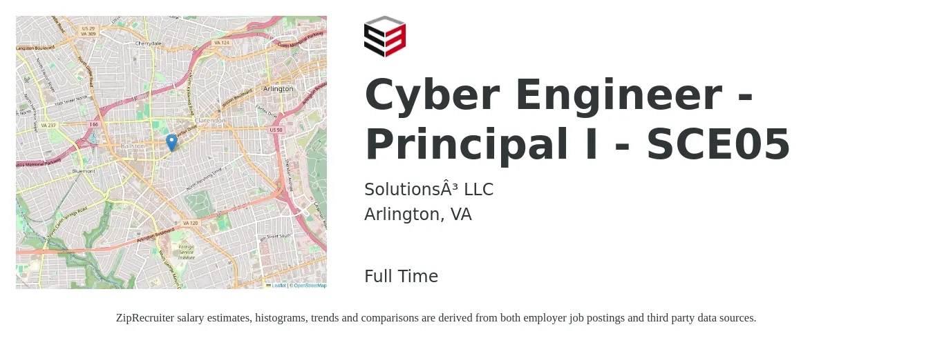 Solutions³ LLC job posting for a Cyber Engineer - Principal I - SCE05 in Arlington, VA with a salary of $122,000 to $140,000 Yearly with a map of Arlington location.