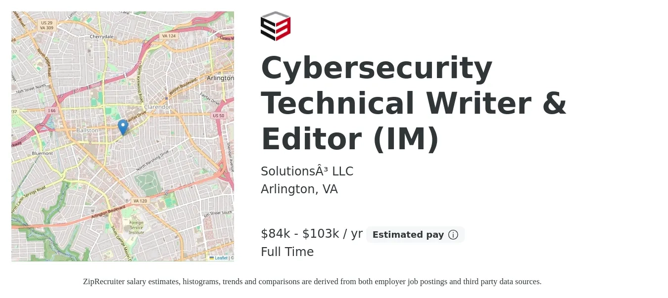 Solutions³ LLC job posting for a Cybersecurity Technical Writer & Editor (IM) in Arlington, VA with a salary of $84,000 to $103,000 Yearly with a map of Arlington location.