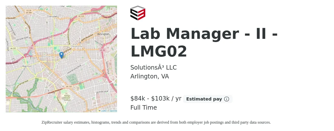 Solutions³ LLC job posting for a Lab Manager - II - LMG02 in Arlington, VA with a salary of $84,000 to $103,000 Yearly with a map of Arlington location.