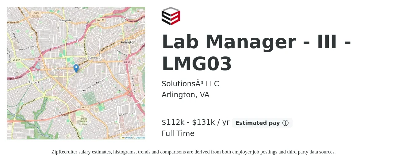 Solutions³ LLC job posting for a Lab Manager - III - LMG03 in Arlington, VA with a salary of $112,000 to $131,000 Yearly with a map of Arlington location.