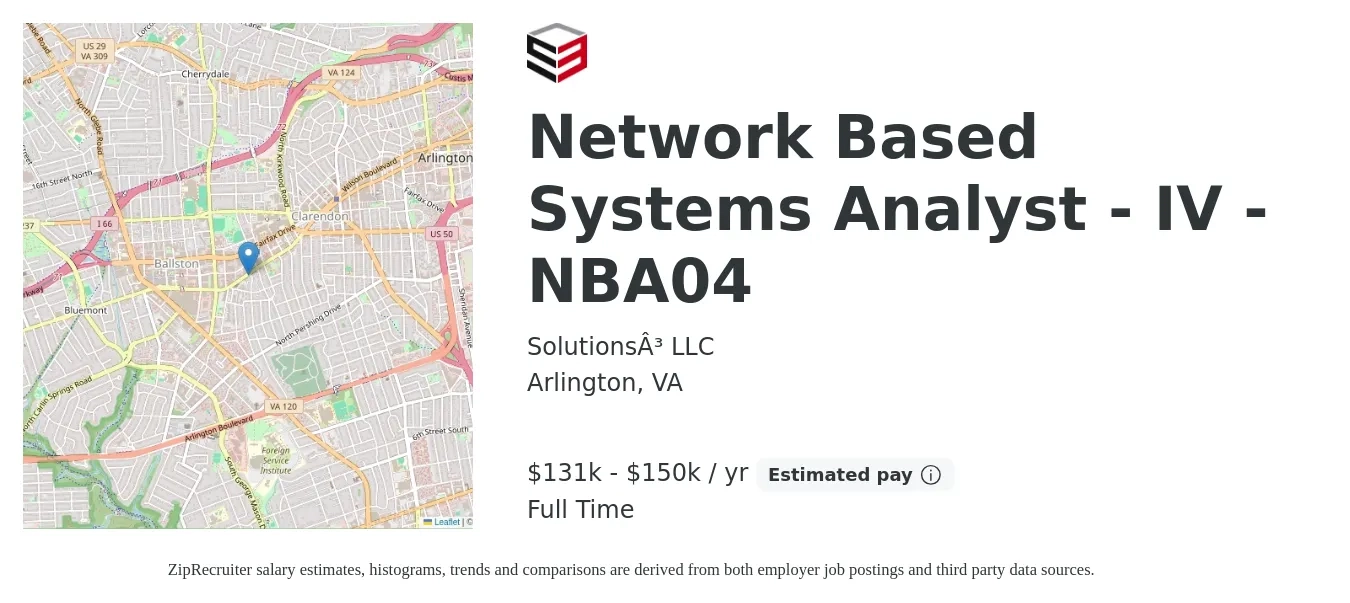 Solutions³ LLC job posting for a Network Based Systems Analyst - IV - NBA04 in Arlington, VA with a salary of $131,000 to $150,000 Yearly with a map of Arlington location.