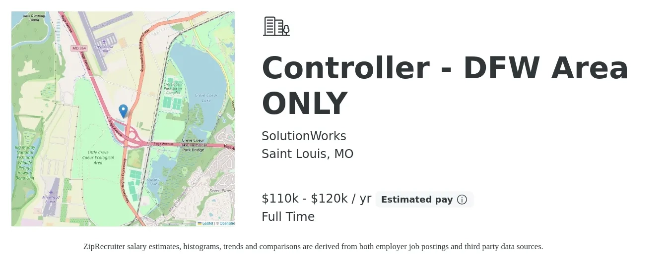 SolutionWorks job posting for a Controller - DFW Area ONLY in Saint Louis, MO with a salary of $110,000 to $120,000 Yearly with a map of Saint Louis location.