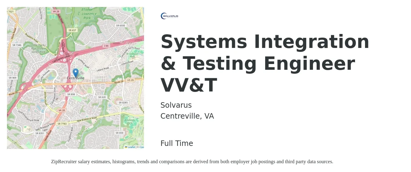 Solvarus job posting for a Systems Integration & Testing Engineer VV&T in Centreville, VA with a salary of $40 to $66 Hourly with a map of Centreville location.