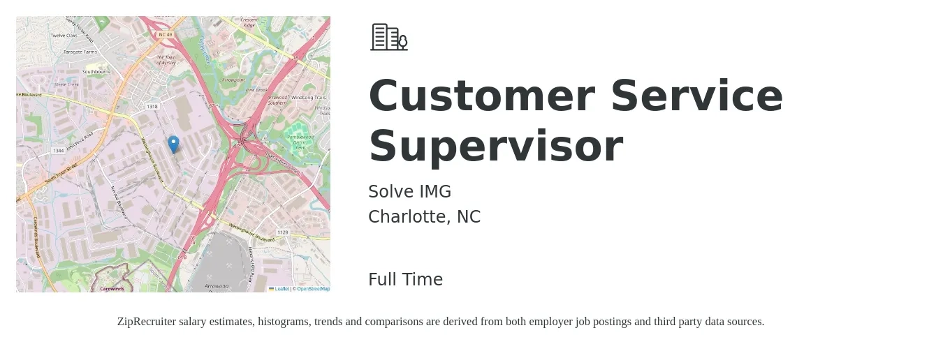 Solve IMG job posting for a Customer Service Supervisor in Charlotte, NC with a salary of $38,600 to $65,900 Yearly with a map of Charlotte location.