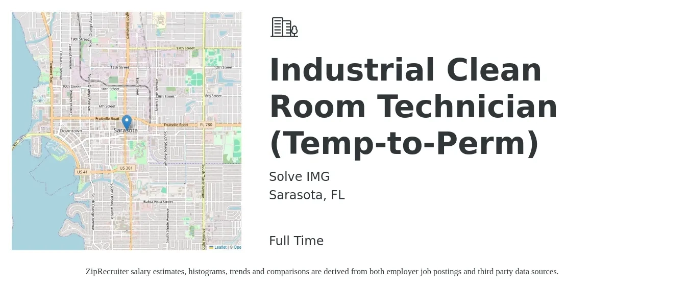 Solve IMG job posting for a Industrial Clean Room Technician (Temp-to-Perm) in Sarasota, FL with a salary of $36,100 to $41,900 Yearly with a map of Sarasota location.