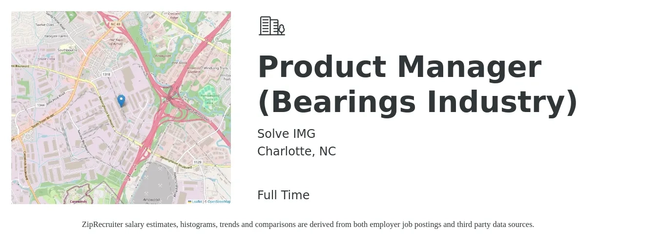 Solve IMG job posting for a Product Manager (Bearings Industry) in Charlotte, NC with a salary of $132,700 to $185,400 Yearly with a map of Charlotte location.