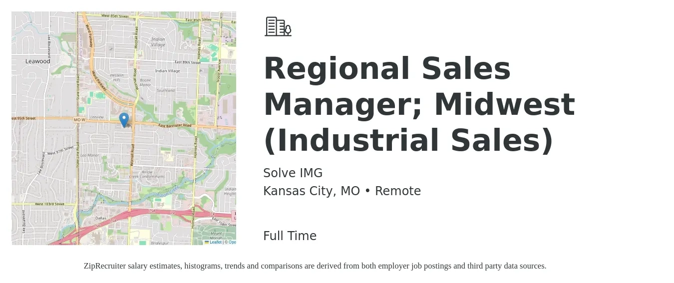 Solve IMG job posting for a Regional Sales Manager; Midwest (Industrial Sales) in Kansas City, MO with a salary of $70,300 to $109,800 Yearly with a map of Kansas City location.