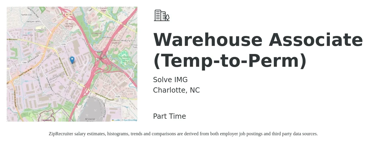 Solve IMG job posting for a Warehouse Associate (Temp-to-Perm) in Charlotte, NC with a salary of $15 to $18 Hourly with a map of Charlotte location.