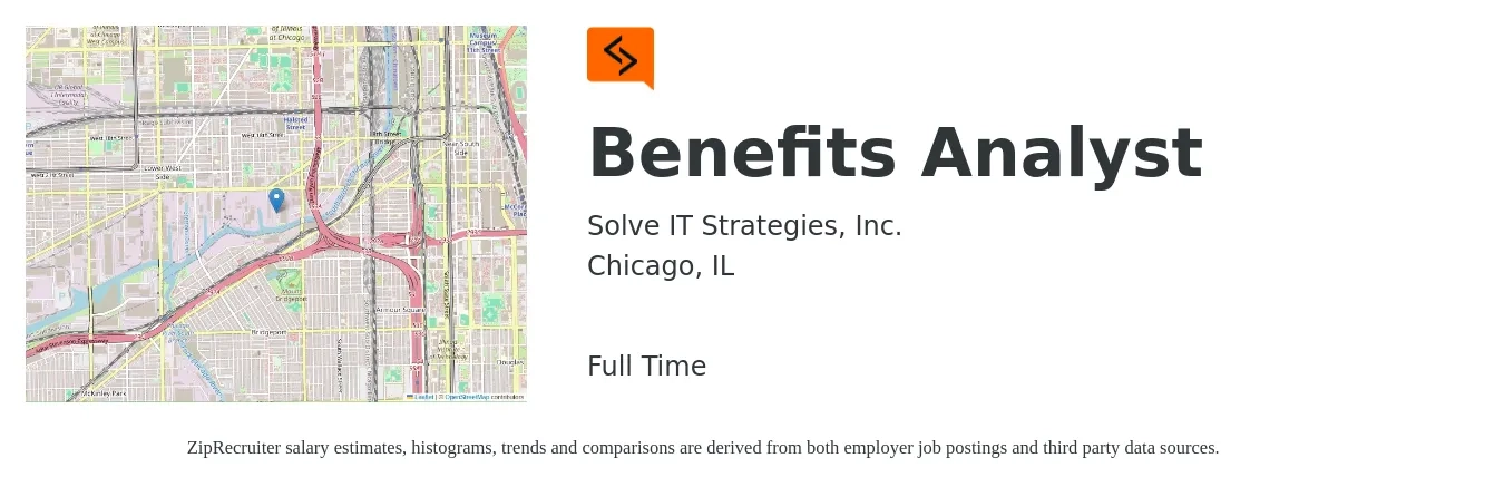 Solve IT Strategies, Inc. job posting for a Benefits Analyst in Chicago, IL with a salary of $57,700 to $85,100 Yearly with a map of Chicago location.