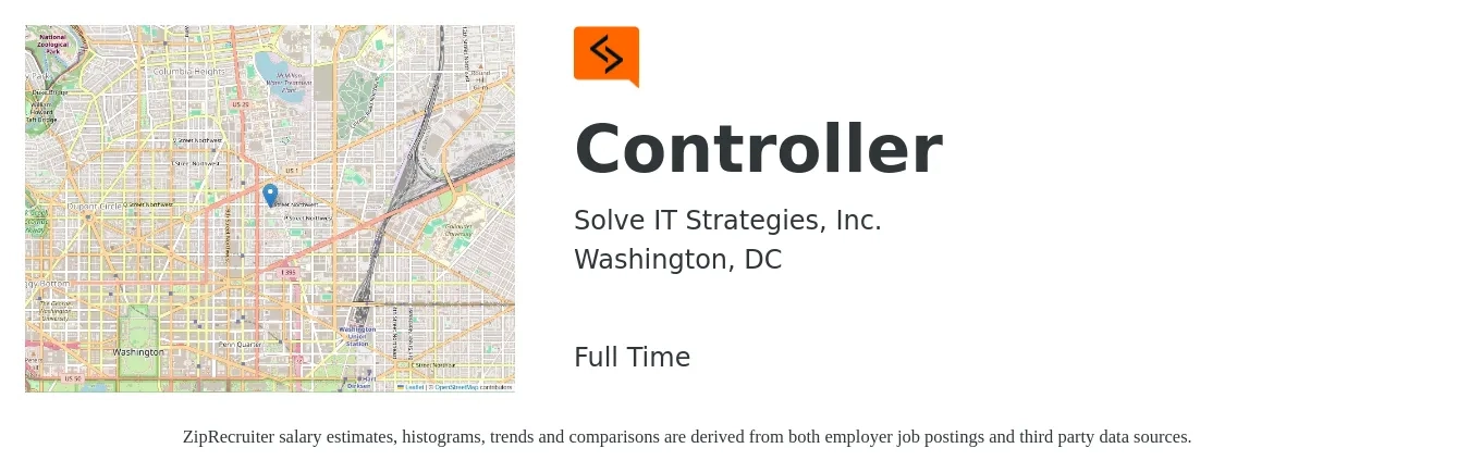 Solve IT Strategies, Inc. job posting for a Controller in Washington, DC with a salary of $109,400 to $156,300 Yearly with a map of Washington location.