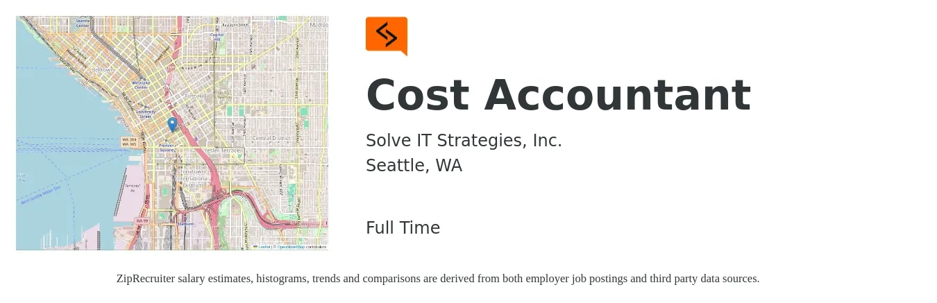 Solve IT Strategies, Inc. job posting for a Cost Accountant in Seattle, WA with a salary of $74,500 to $99,600 Yearly with a map of Seattle location.