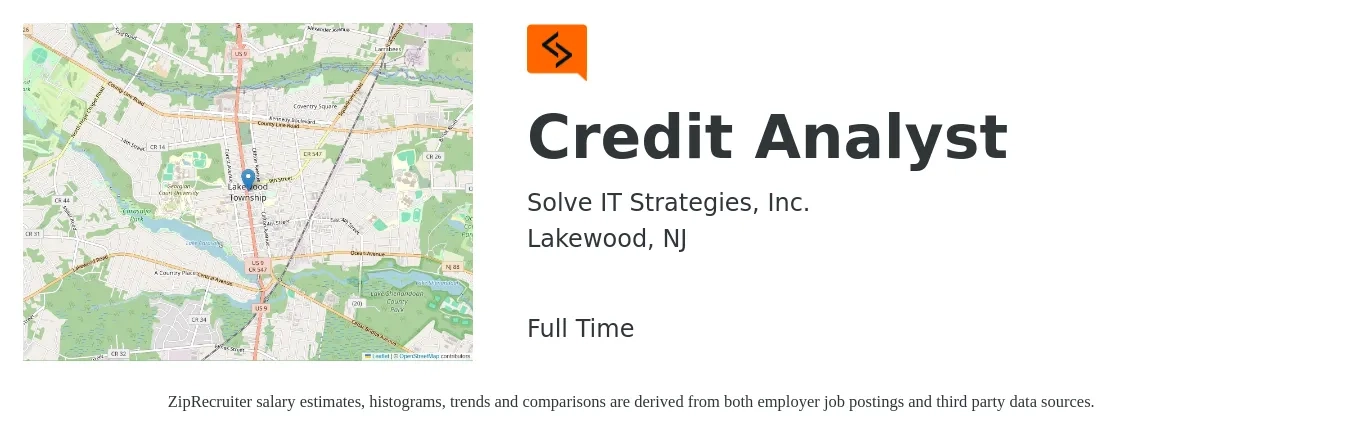 Solve IT Strategies, Inc. job posting for a Credit Analyst in Lakewood, NJ with a salary of $24 to $34 Hourly with a map of Lakewood location.