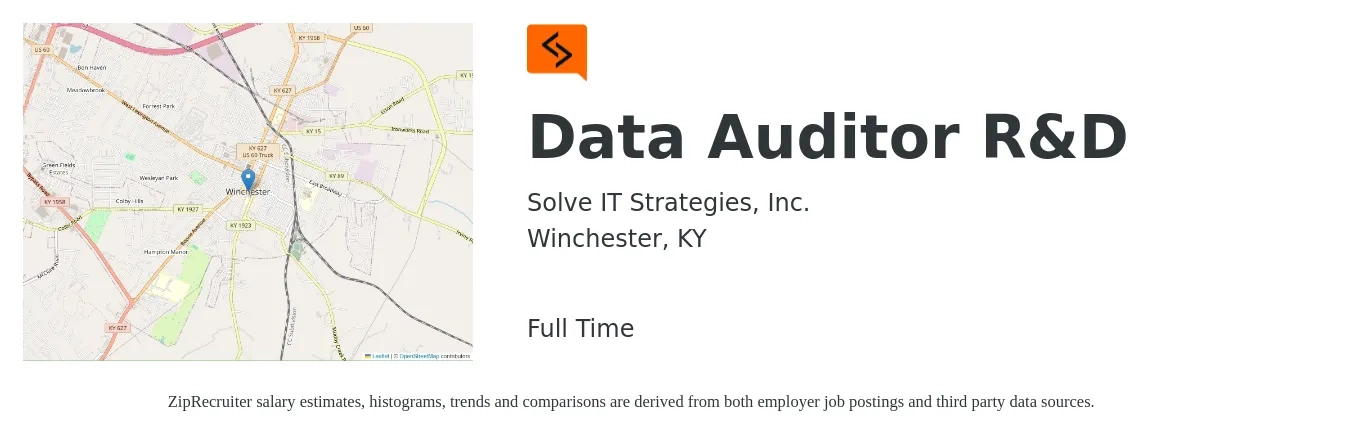 Solve IT Strategies, Inc. job posting for a Data Auditor R&D in Winchester, KY with a salary of $40,600 to $85,100 Yearly with a map of Winchester location.