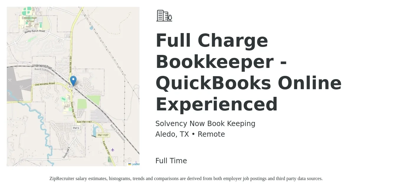 Solvency Now Book Keeping job posting for a Full Charge Bookkeeper - QuickBooks Online Experienced in Aledo, TX with a salary of $20 to $29 Hourly with a map of Aledo location.