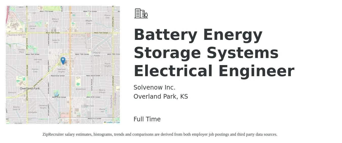 Solvenow Inc. job posting for a Battery Energy Storage Systems Electrical Engineer in Overland Park, KS with a salary of $82,000 to $130,400 Yearly with a map of Overland Park location.