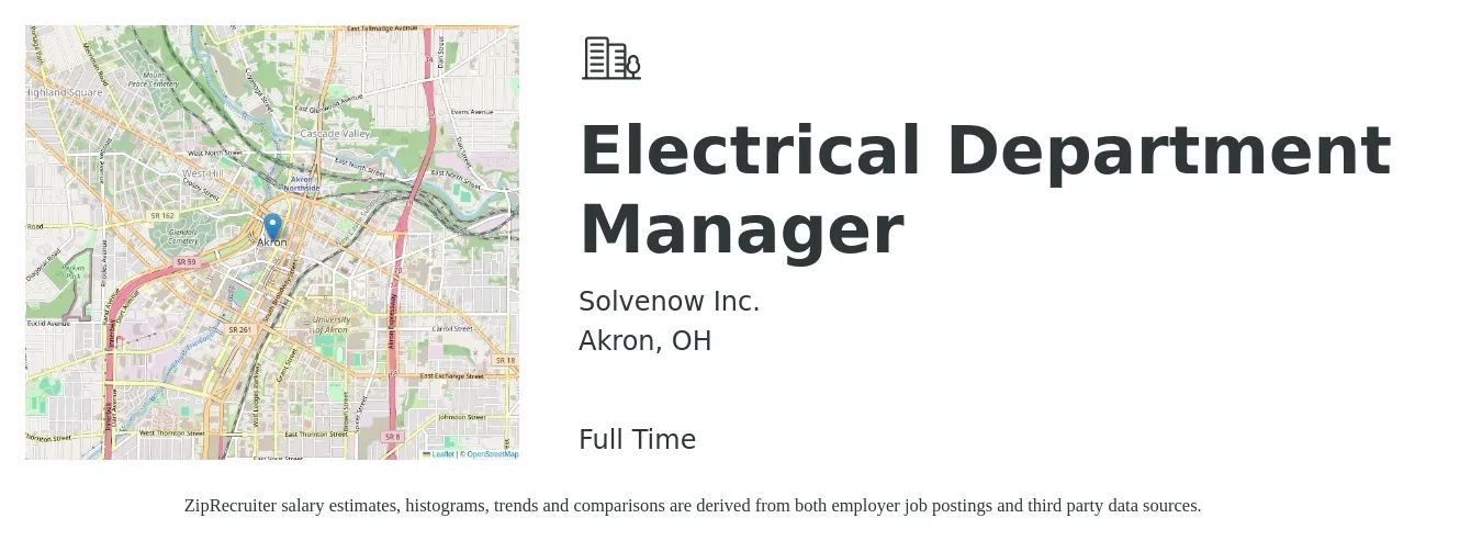 Solvenow Inc. job posting for a Electrical Department Manager in Akron, OH with a salary of $117,200 to $150,700 Yearly with a map of Akron location.