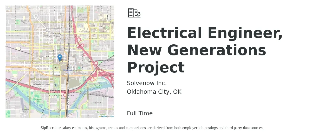 Solvenow Inc. job posting for a Electrical Engineer, New Generations Project in Oklahoma City, OK with a salary of $81,700 to $111,500 Yearly with a map of Oklahoma City location.