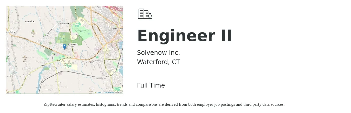 Solvenow Inc. job posting for a Engineer II in Waterford, CT with a salary of $84,100 to $116,700 Yearly with a map of Waterford location.