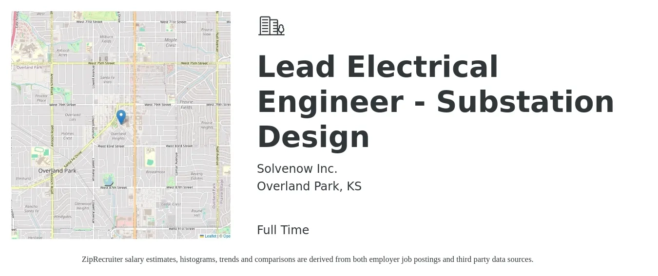 Solvenow Inc. job posting for a Lead Electrical Engineer - Substation Design in Overland Park, KS with a salary of $158,100 to $165,000 Yearly with a map of Overland Park location.