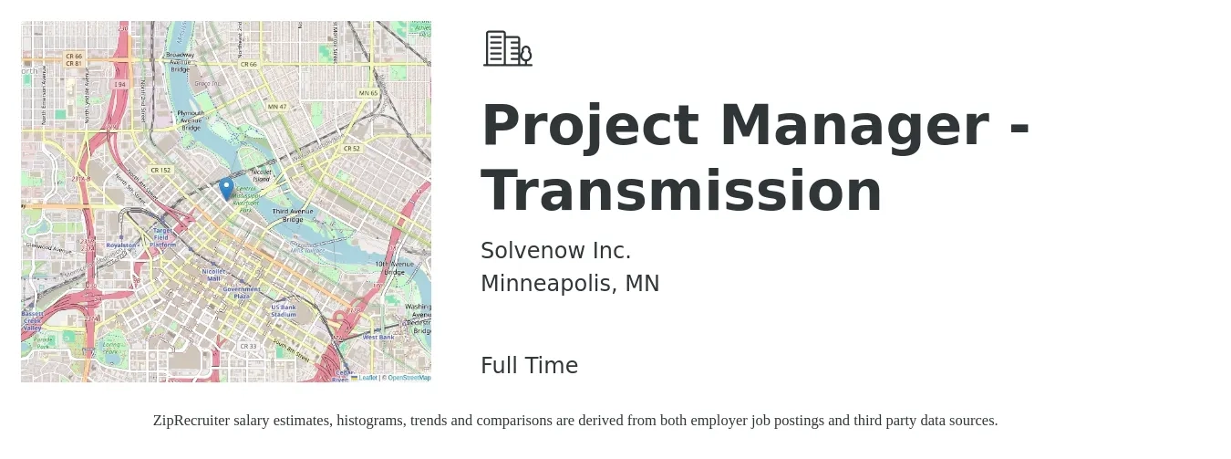 Solvenow Inc. job posting for a Project Manager - Transmission in Minneapolis, MN with a salary of $81,900 to $128,400 Yearly with a map of Minneapolis location.