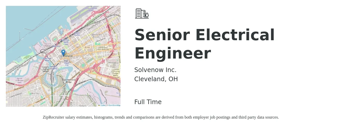 Solvenow Inc. job posting for a Senior Electrical Engineer in Cleveland, OH with a salary of $104,300 to $135,800 Yearly with a map of Cleveland location.