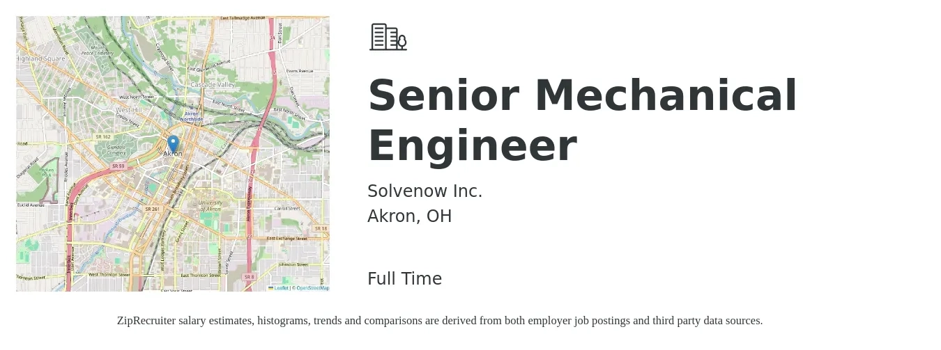 Solvenow Inc. job posting for a Senior Mechanical Engineer in Akron, OH with a salary of $100,000 to $132,000 Yearly with a map of Akron location.