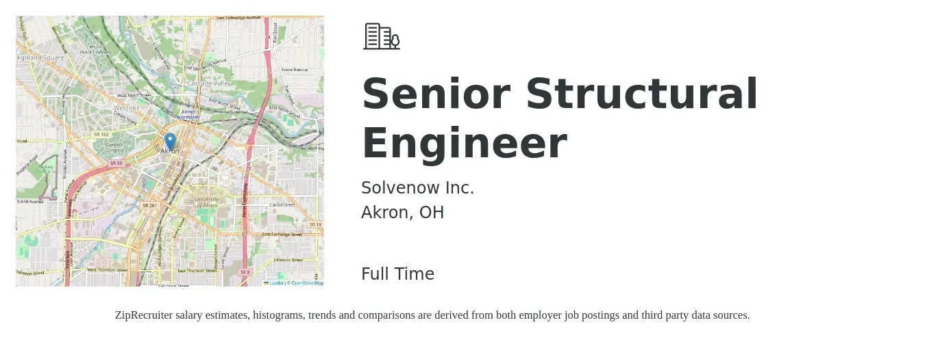 Solvenow Inc. job posting for a Senior Structural Engineer in Akron, OH with a salary of $96,100 to $130,600 Yearly with a map of Akron location.