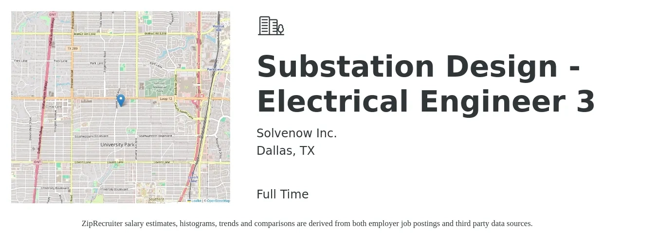 Solvenow Inc. job posting for a Substation Design - Electrical Engineer 3 in Dallas, TX with a salary of $64,300 to $102,400 Yearly with a map of Dallas location.