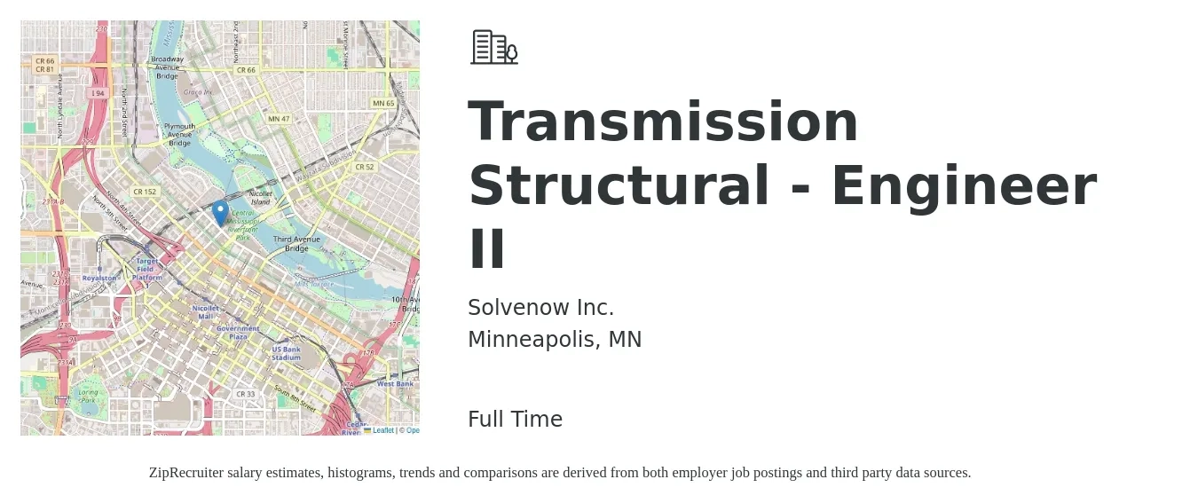 Solvenow Inc. job posting for a Transmission Structural - Engineer II in Minneapolis, MN with a salary of $48 to $65 Hourly with a map of Minneapolis location.