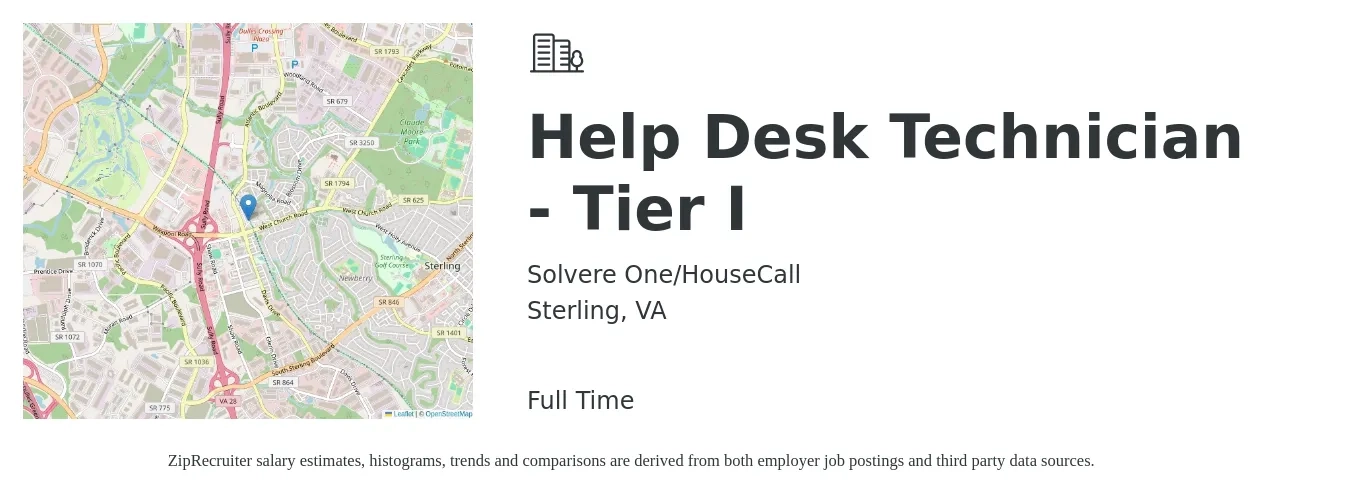 Solvere One/HouseCall job posting for a Help Desk Technician - Tier I in Sterling, VA with a salary of $20 to $27 Hourly with a map of Sterling location.