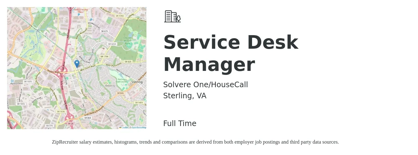 Solvere One/HouseCall job posting for a Service Desk Manager in Sterling, VA with a salary of $71,700 to $113,600 Yearly with a map of Sterling location.